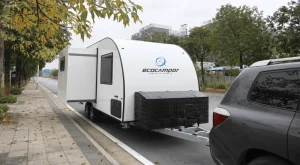 How to match a tow vehicle to a caravan: SUV towing an Ecocampor caravan with a correctly connected hitch